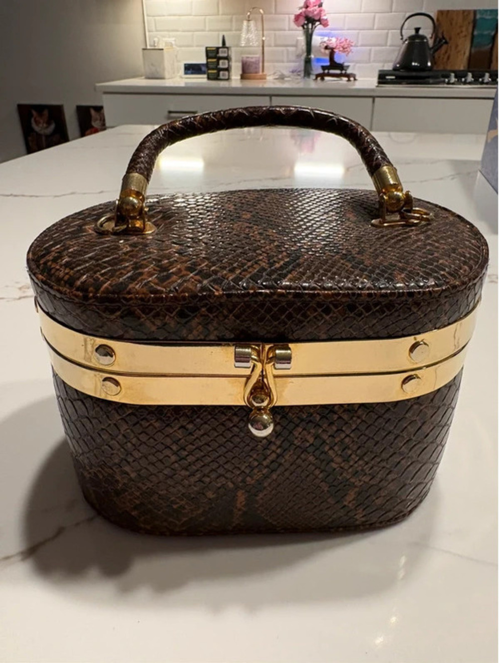 Vintage Snakeskin Vanity Train Case with Gold-Tone Hardware